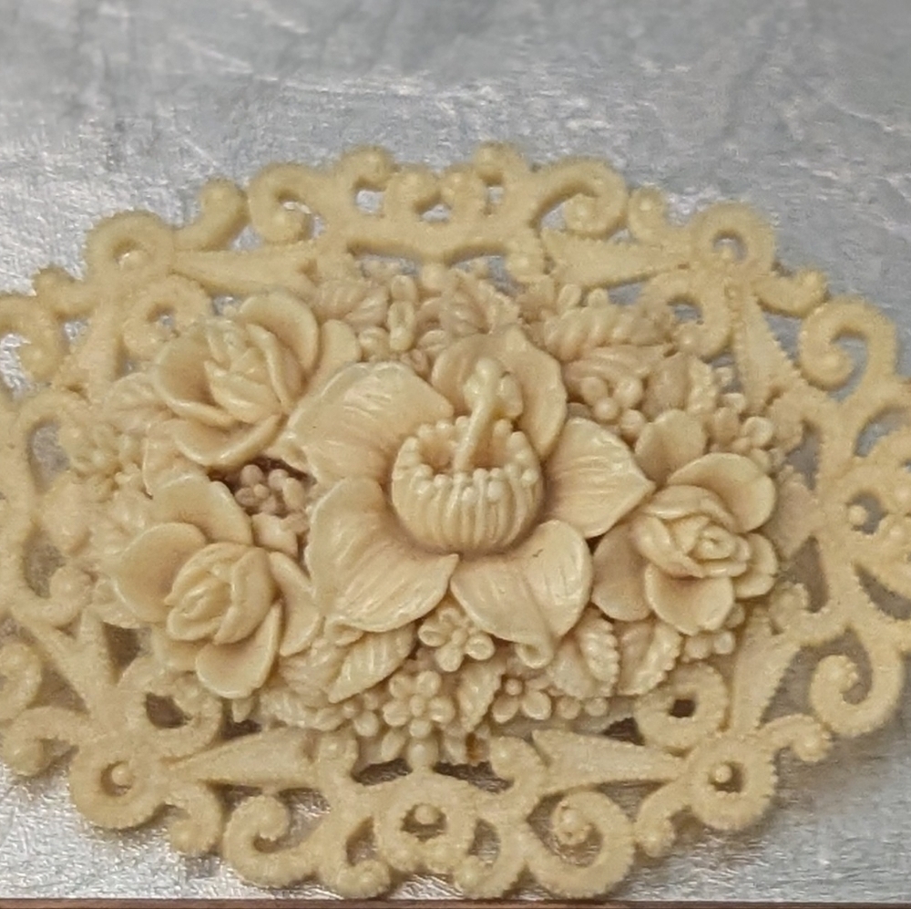 Vintage Celluloid 1930's Floral Ivory Color Cream Brooch Pin Has Been Replaced